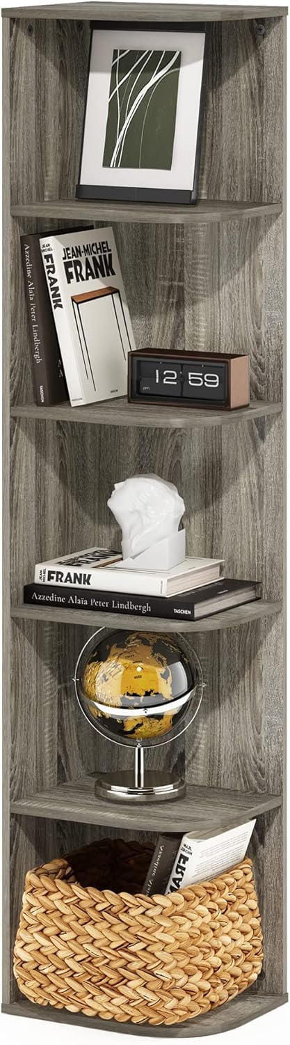 Furinno LUDER Book Shelf, 5-Cube Bookshelf, Reversible Bookcase, 9.4 x 19.5 x 31.5, Easy Assembly, for Living Room, Bedroom, Home Office, White — French Oak / 5-Tier Corner