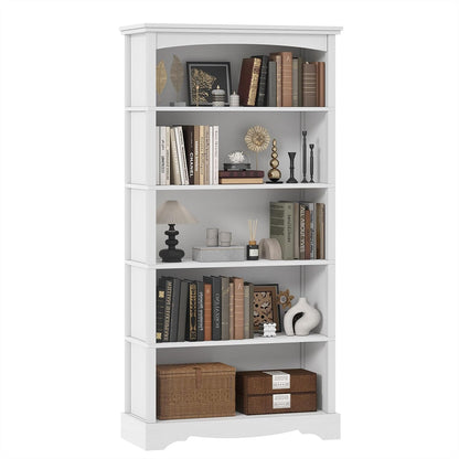 TVU 5-Tier Wooden Bookshelf, 31.5" W x 65" H ×9.9" D Bookshelf with Storage, Floor Standing Modern Style Display Bookcase for Living Room, Office, Study Room, Entryway, Brown — White / 5 Tier