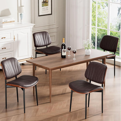 Dining Chairs Set of 4, Mid-Century Modern Upholstered PU Leather Chairs | with Walnut Bentwood Back and Metal Legs Adjustable Feet for Kitchen Dining Room, Black Shell Strips — Dark Brown Shell Strips / 4