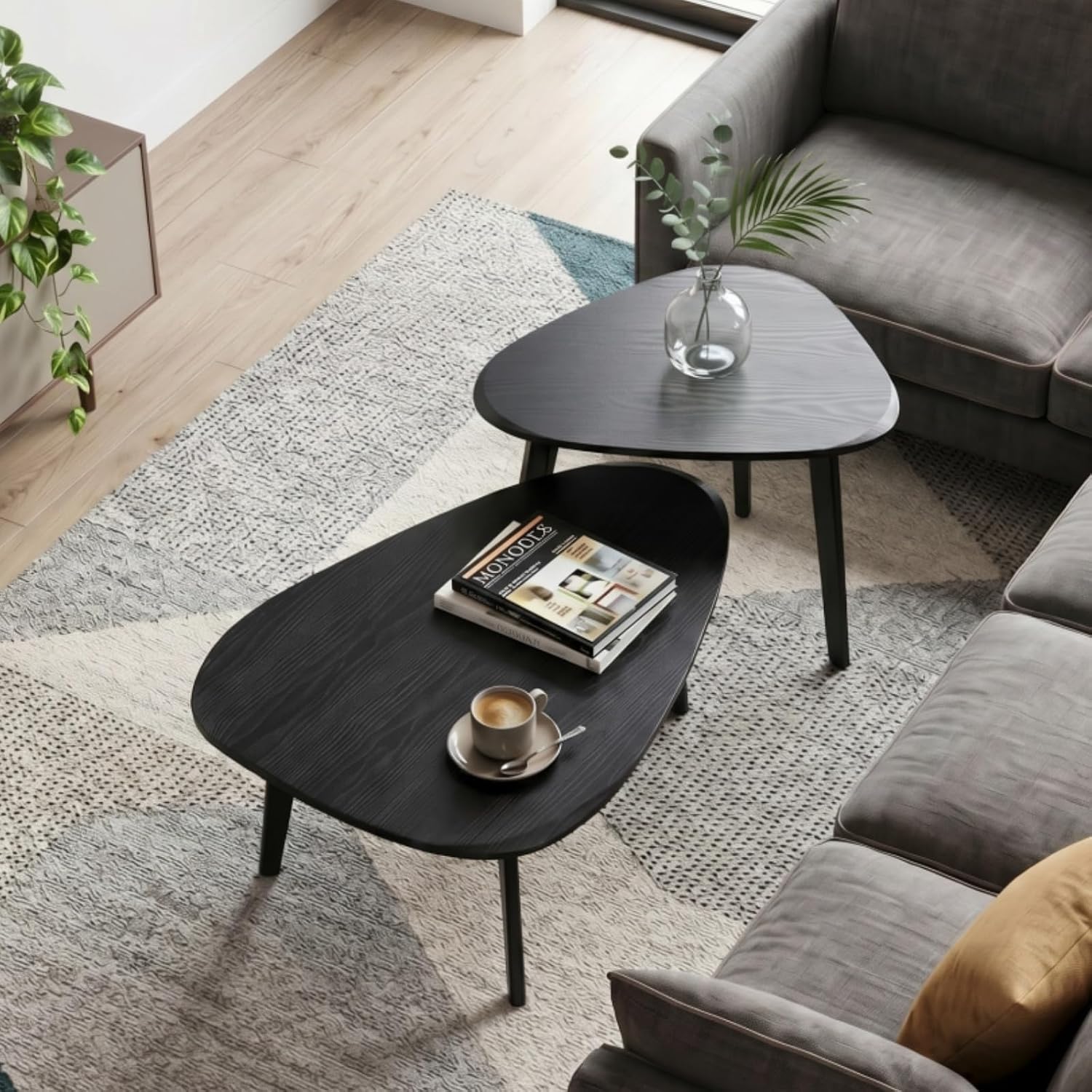 Nesting Coffee Table Set of 2-Mid Century Modern Coffee Table | Guitar Pick Stacking Tables with Solid Wood Legs,Small Coffee Tables for Small spaces,Living Room,Balcony — Black