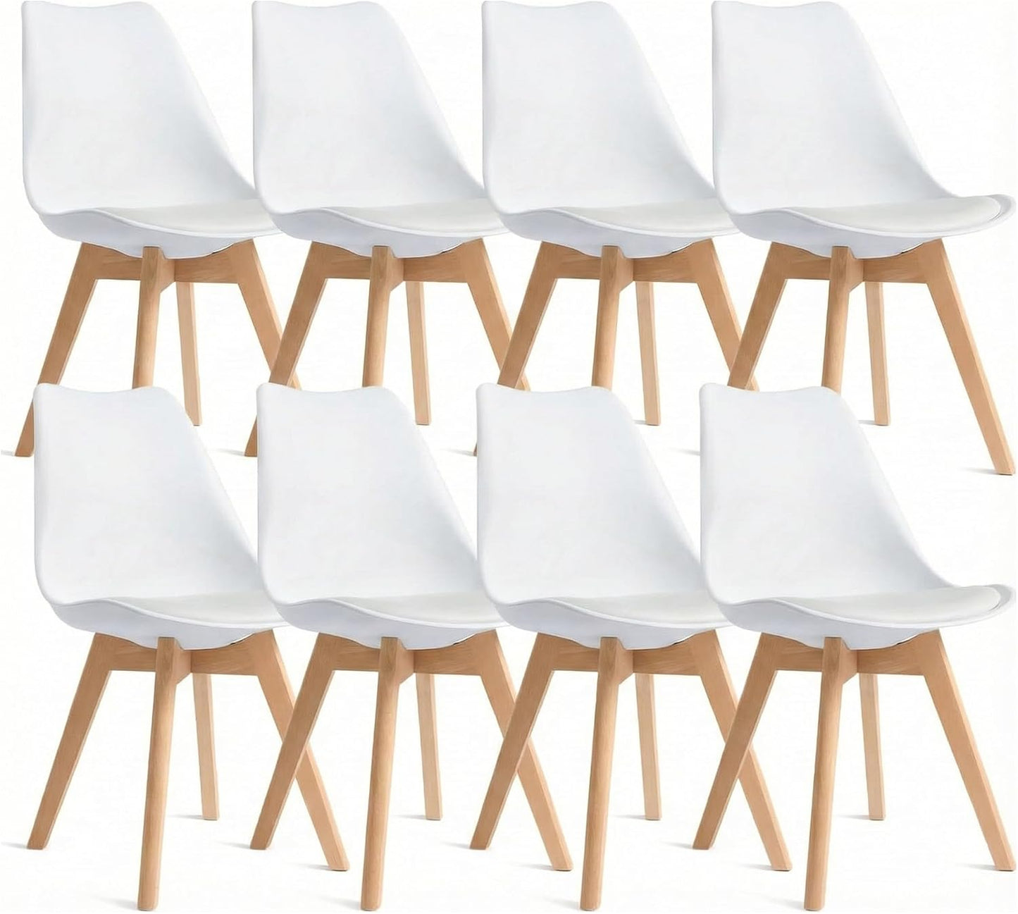 Dining Chairs Set of 4, Modern Upholstered Dining Room Chairs with PU Leather Padded Seat, Armless Kitchen Chairs with Curved Backrest and Solid Wood Legs for Dining Room, Kitchen, Apartment, Black — White / Pack of 8