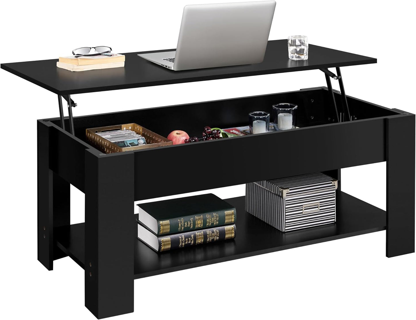 Yaheetech Wooden Coffee Table, Lift Top Coffee Table with Large Hidden Storage Shelf, Lift Tabletop Dining Tables for Living Room, Home Small Space, 38.6in, Black — Black / 47.2 inches