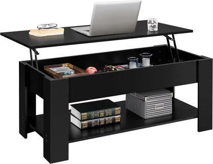 Yaheetech Wooden Coffee Table, Lift Top Coffee Table with Large Hidden Storage Shelf, Lift Tabletop Dining Tables for Living Room, Home Small Space, 38.6in, Black — Black / 47.2 inches