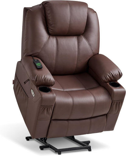MCombo Electric Power Lift Recliner Chair Sofa with Massage and Heat for Elderly, 3 Positions, 2 Side Pockets, and Cup Holders, USB Ports, Faux Leather 7040 (Grey, Medium) — Large / Light Brown