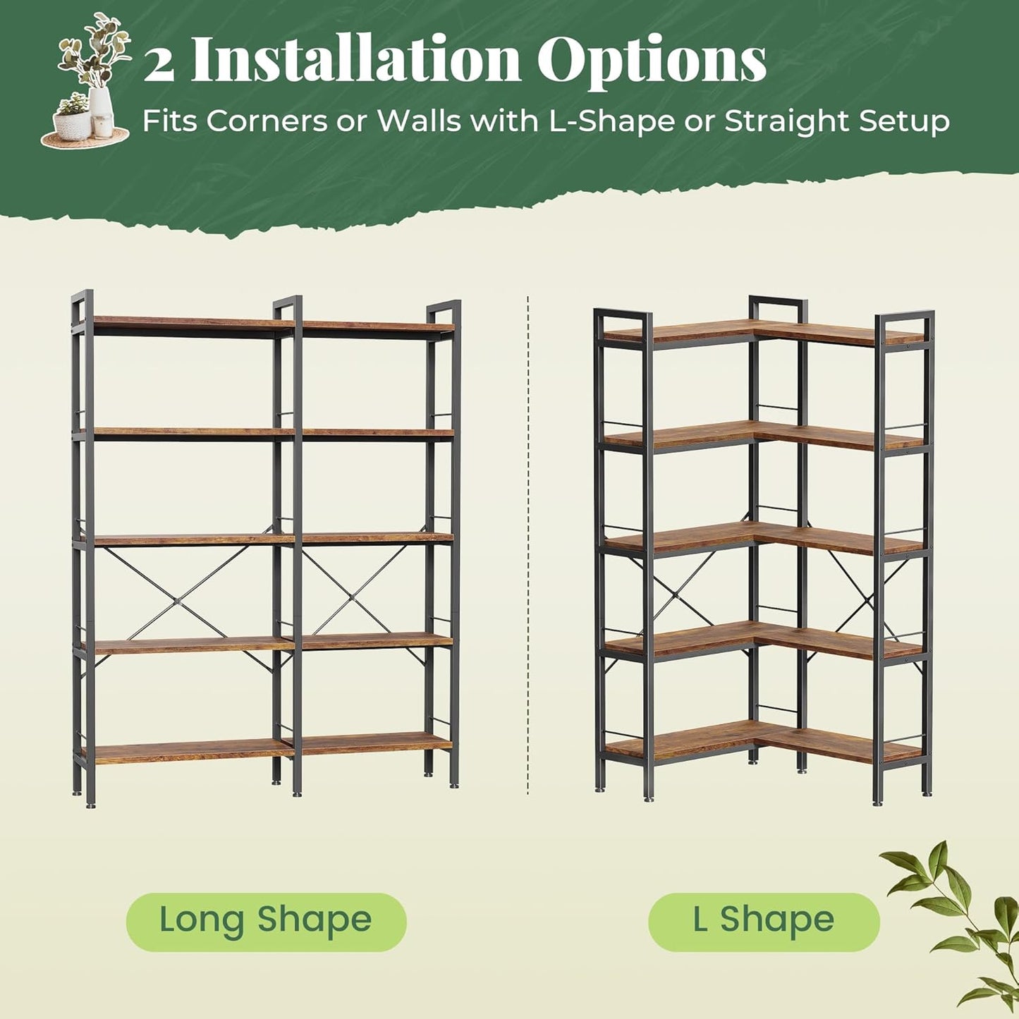 Huuger 5 Tier Bookshelf, L Shaped Corner Bookshelf with 10 Open Shelves, 49.4 Inch Straight Wide Bookcase with Metal Frame and Wooden Board, Adjustable Feet, Rustic Brown — 5 Tier / Rustic Brown (9)