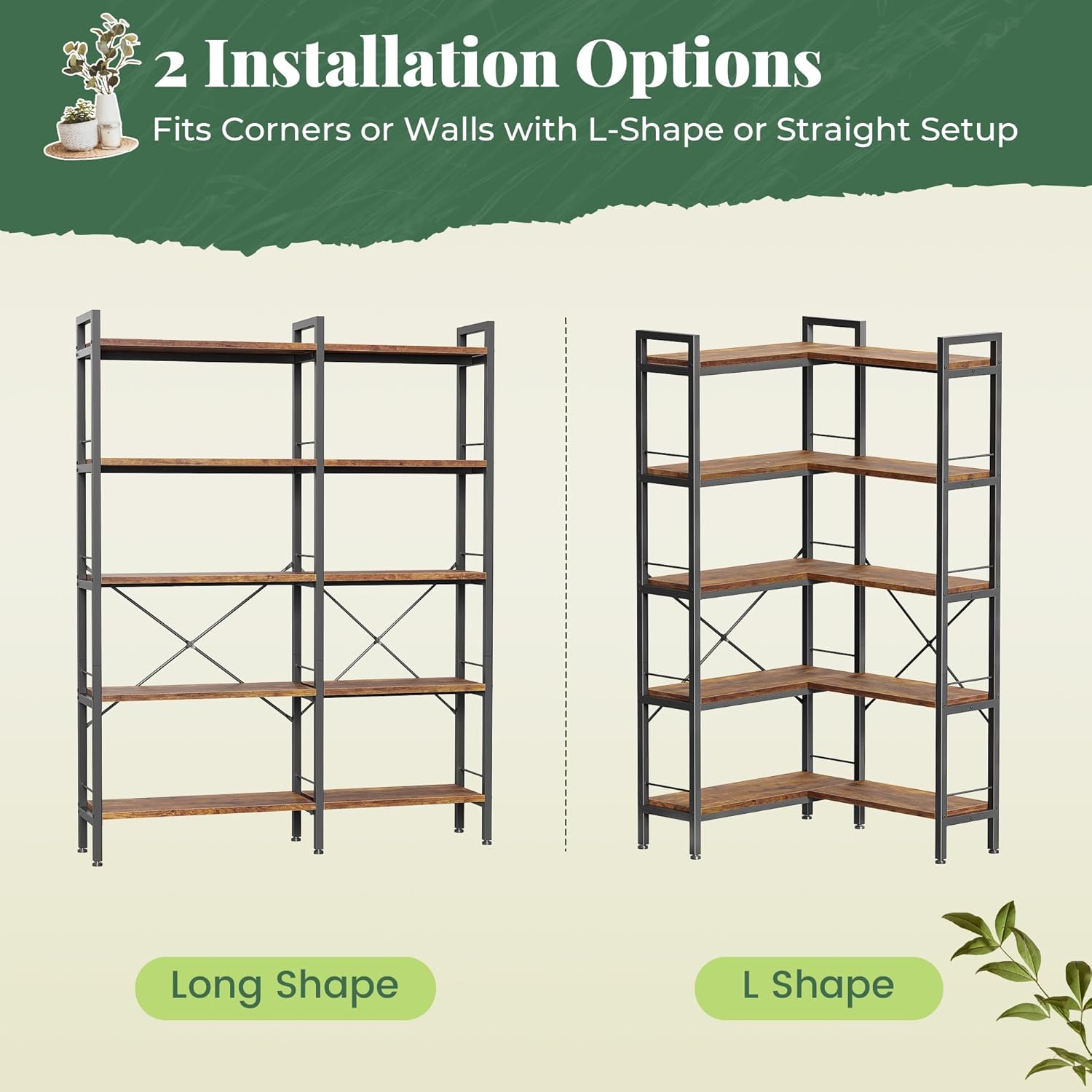 Huuger 5 Tier Bookshelf, L Shaped Corner Bookshelf with 10 Open Shelves, 49.4 Inch Straight Wide Bookcase with Metal Frame and Wooden Board, Adjustable Feet, Rustic Brown — 5 Tier / Rustic Brown (9)