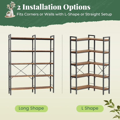 Huuger 5 Tier Bookshelf, L Shaped Corner Bookshelf with 10 Open Shelves, 49.4 Inch Straight Wide Bookcase with Metal Frame and Wooden Board, Adjustable Feet, Rustic Brown — 5 Tier / Rustic Brown (9)