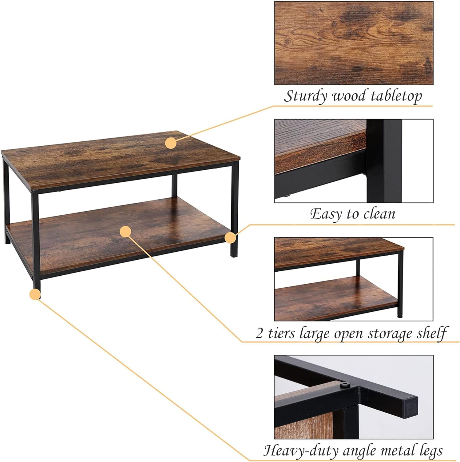 SUPER DEAL 2-Tier Industrial Coffee Table with Storage Shelf for Small Apartment Living Room, Rectangle Wood and Stable Metal TV Stand Side End Table, Rustic Brown — Rustic Brown / 31.5in (6)