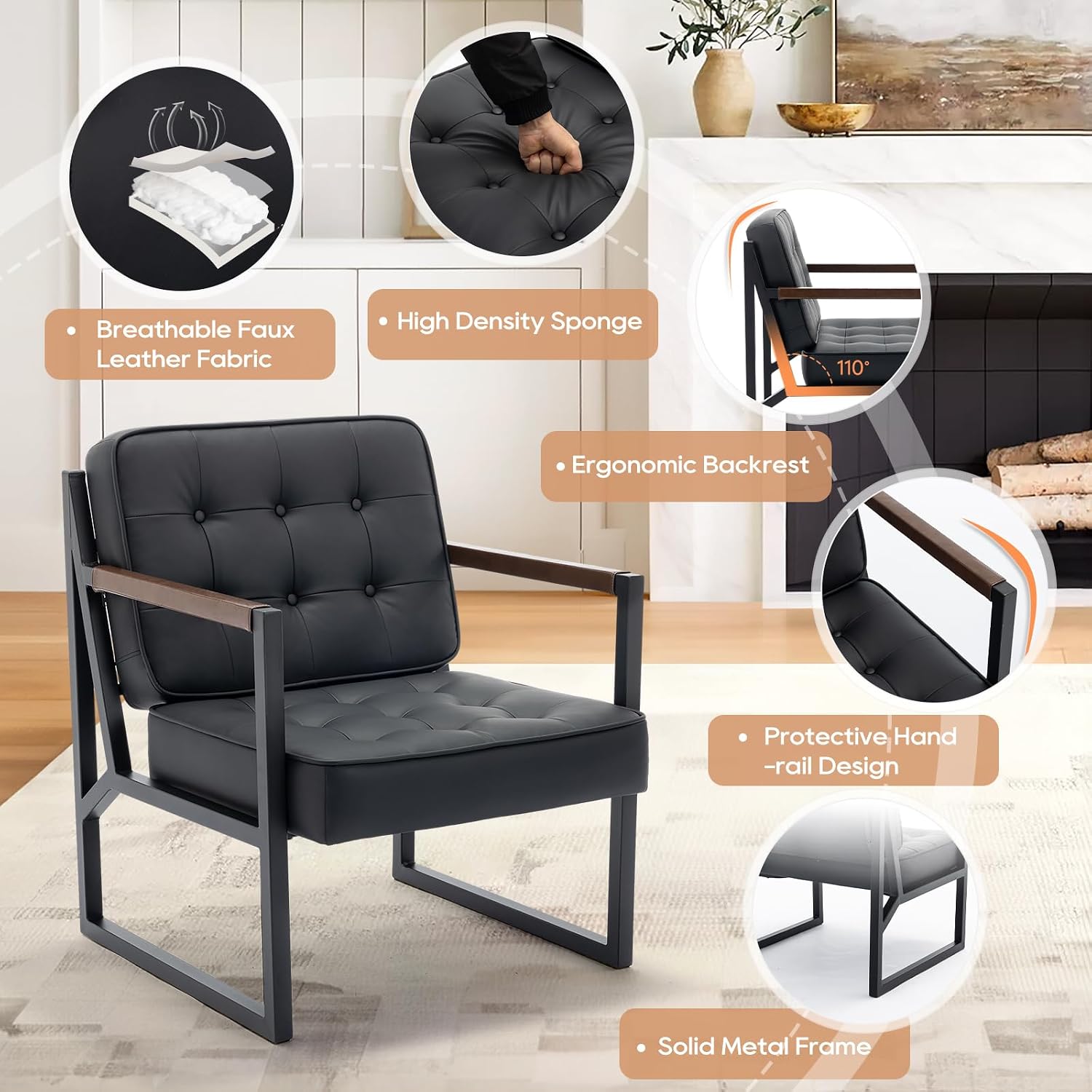 COLAMY Mid Century Modern Accent Chair Set of 2, Comfy Living Room Chair, Black Leather Accent Chair, Faux Leather Reception Armchair with Metal Legs for Living Room Bedroom Reception Office, Black — Black / Set of 2 (4)