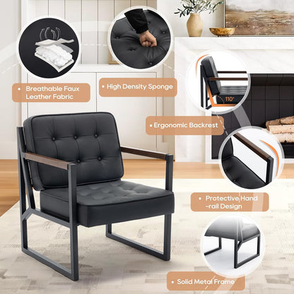 COLAMY Mid Century Modern Accent Chair Set of 2, Comfy Living Room Chair, Black Leather Accent Chair, Faux Leather Reception Armchair with Metal Legs for Living Room Bedroom Reception Office, Black — Black / Set of 2 (4)
