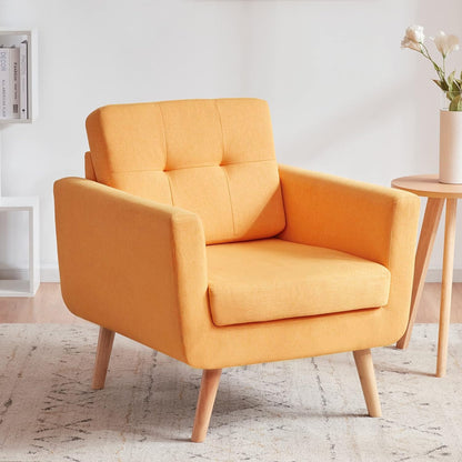 Tbfit Linen Fabric Single Sofa, Accent Chair, Mid Century Modern Armchair for Living Room, Bedroom Button Tufted Upholstered Comfy Reading Sofas, Beige — Single / Yellow