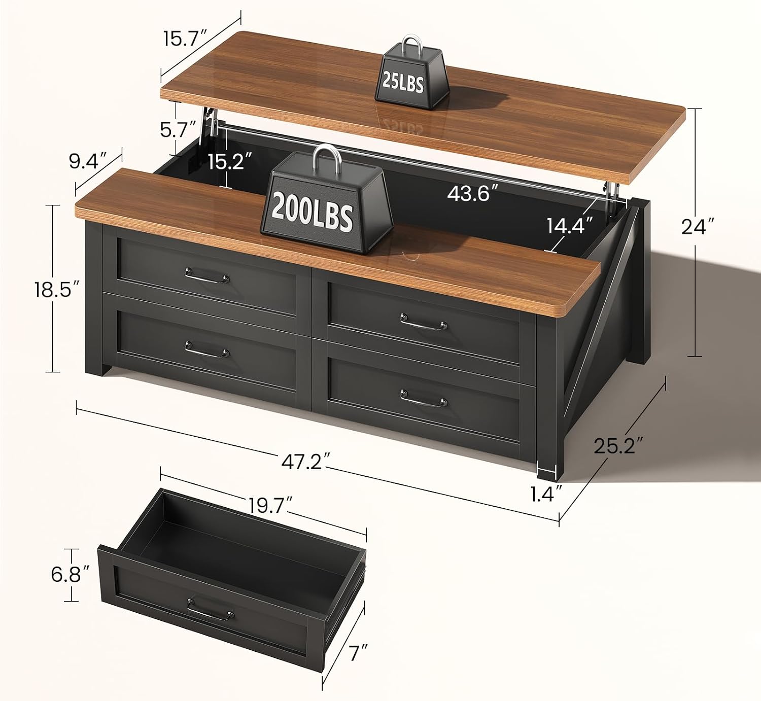Itaar 47.2" Lift Top Coffee Table with Storage, Farmhouse Coffee Tables for Living Room with 4 Wood Drawers & Large Hidden Storage Space, Center Table for Living Room, Black + Brown — Black + Brown / 4 Drawers (2)