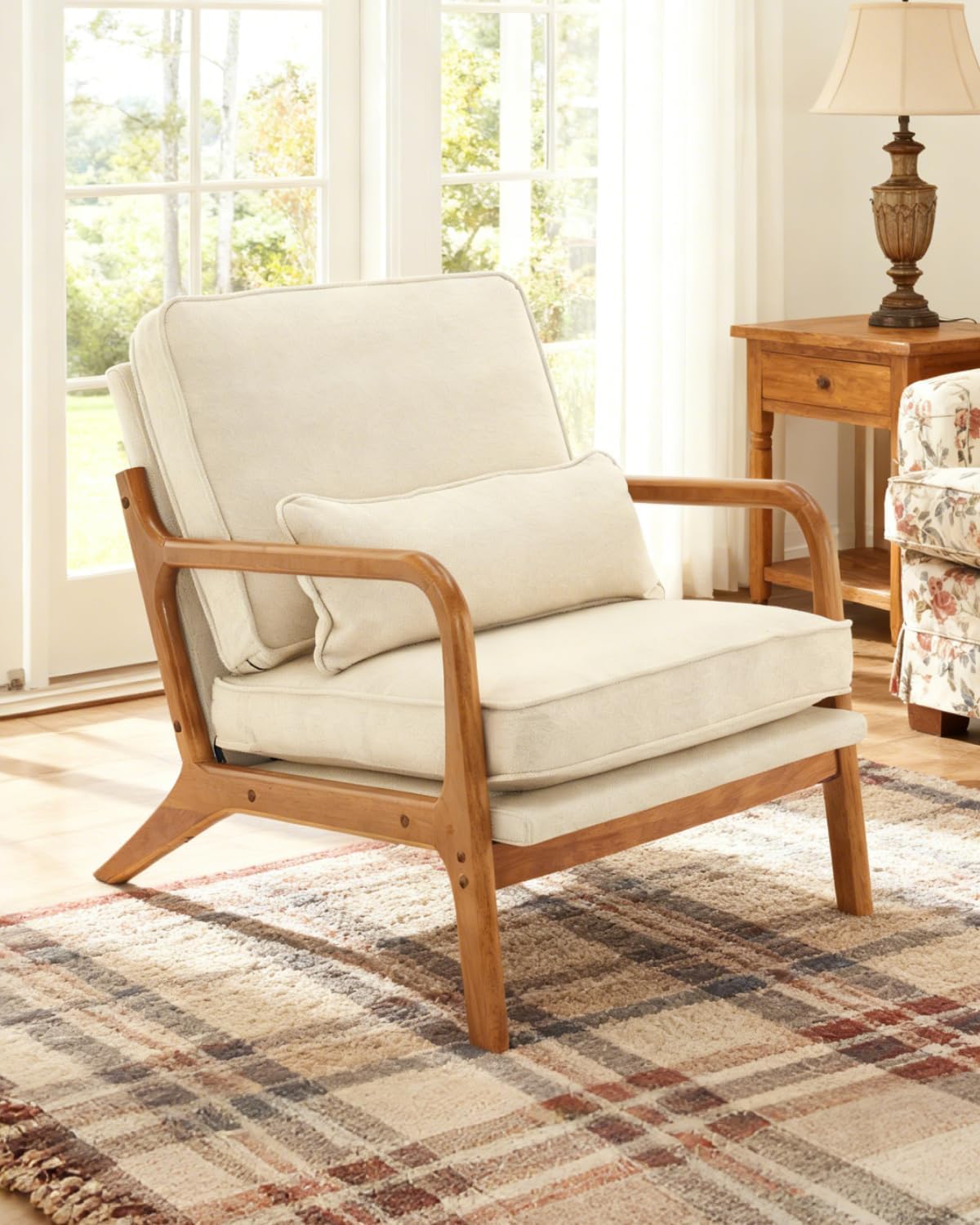 Karl home Mid-Century Modern Accent Reading Chair, Beige | Linen Upholstered, Solid Wood Frame, Soft Cushion, Lumbar Pillow, Lounge Armchair for Living Room, Bedroom, Balcony, Study — Linen Beige