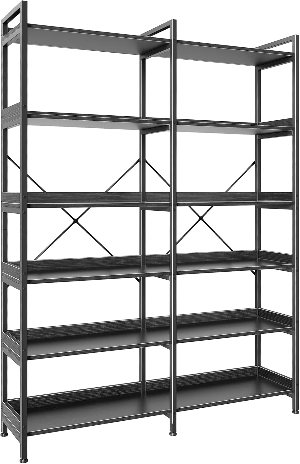 Huuger 5 Tier Bookshelf, Display Bookshelf with 10 Open Shelves and Raised Baffle, 47.2 Inch Straight Wide Bookcase with Metal Frame and Wooden Board, Adjustable Feet, Rustic Brown — 6 Tier / Black