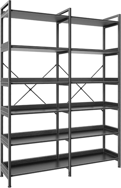 Huuger 5 Tier Bookshelf, Display Bookshelf with 10 Open Shelves and Raised Baffle, 47.2 Inch Straight Wide Bookcase with Metal Frame and Wooden Board, Adjustable Feet, Rustic Brown — 6 Tier / Black