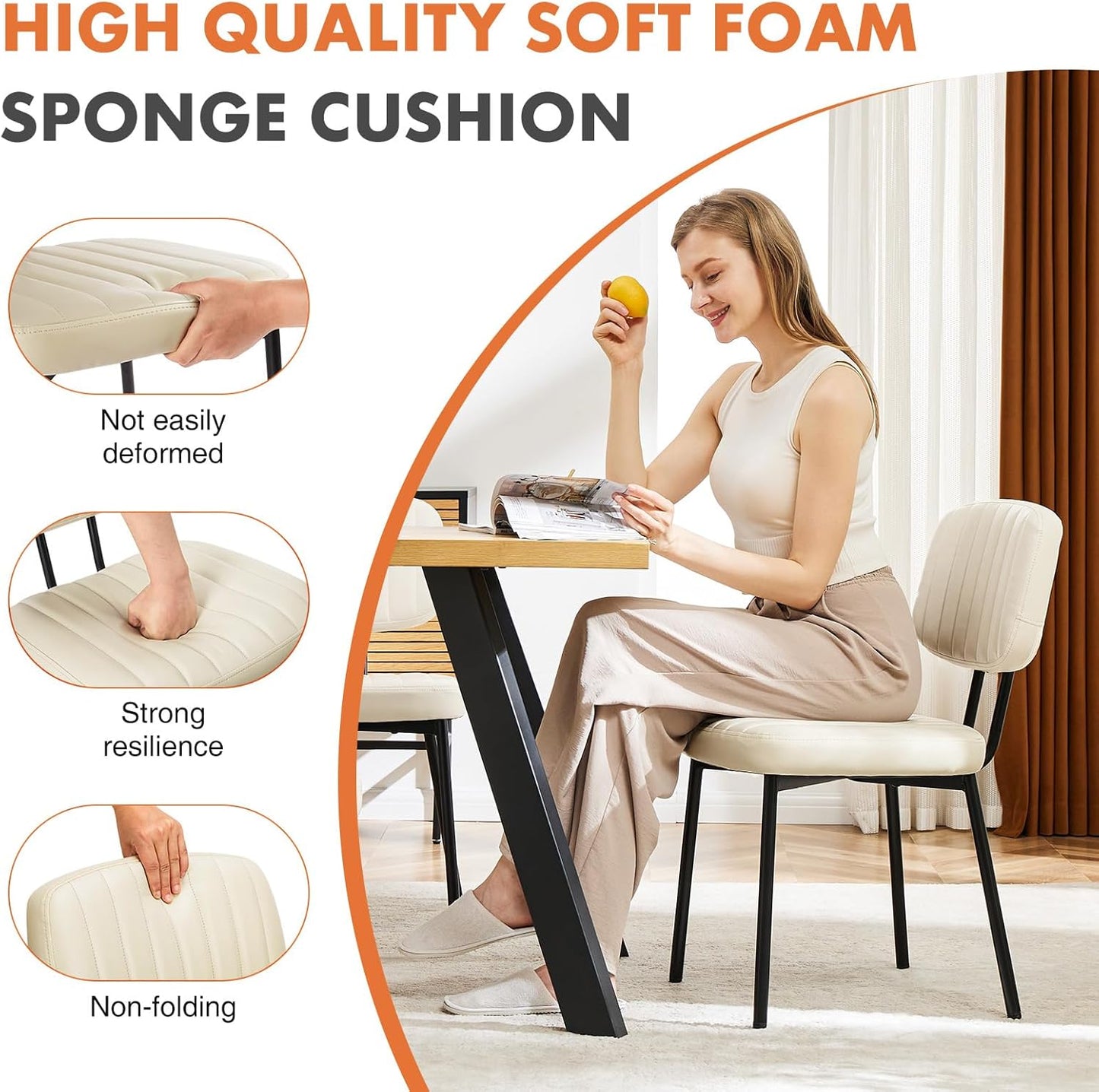 Sweetcrispy Dining Chairs Set of 2, Upholstered Mid Century Modern Kitchen Accent Chairs with Faux Leather Cushion Seat & Metal Legs for Home Office, Living Room-Beige White — Beige White / Set of 2 (4)