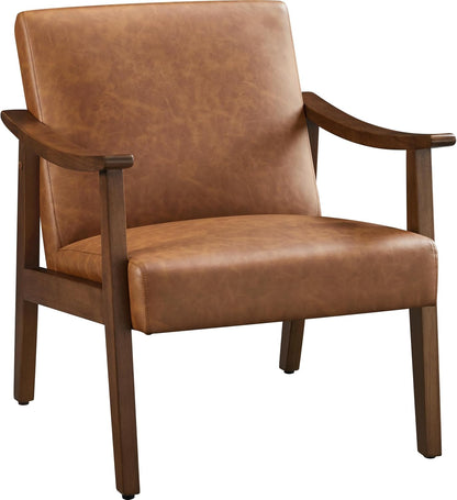 Yaheetech Corduroy Accent Chair, Mid-Century Modern Armchair with Solid Wood Legs, Reading Leisure Chair with High Back for Living Room Bedroom Waiting Room Dark Green — Brown / Faux Leather