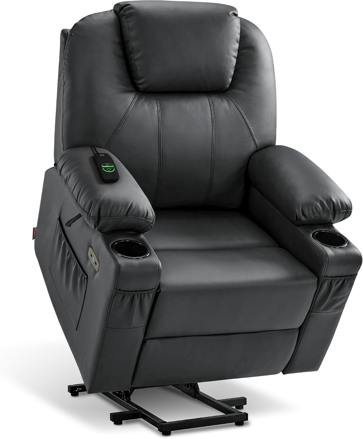MCombo Electric Power Lift Recliner Chair Sofa with Massage and Heat for Elderly, 3 Positions, 2 Side Pockets, and Cup Holders, USB Ports, Faux Leather 7040 (Grey, Medium) — Large / Black