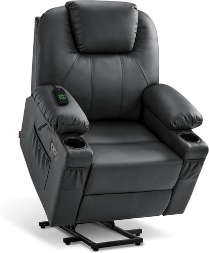 MCombo Electric Power Lift Recliner Chair Sofa with Massage and Heat for Elderly, 3 Positions, 2 Side Pockets, and Cup Holders, USB Ports, Faux Leather 7040 (Grey, Medium) — Large / Black