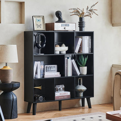LEYAOYAO Cube Bookshelf 3 Tier Mid-Century Rustic Brown Modern Bookcase with Legs,Retro Wood Bookshelves Storage Organizer Shelf,Freestanding Open Book Shelves for Bedroom,Living Room,Office — Black / 8 Cube with Legs