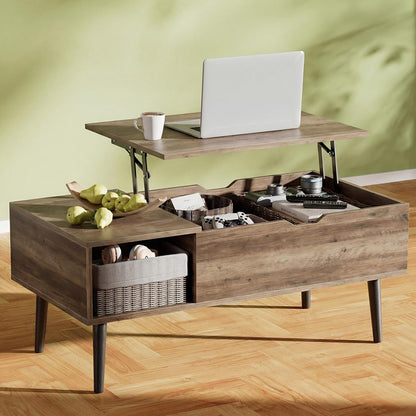 OLIXIS Wooden Coffee Table, Lift Top Coffee Table with Large Hidden Compartment and Ample Storage Shelf, Lift Tabletop Dining Table for Living Room, Home Small Space, Rustic — Grey / 39.4 In