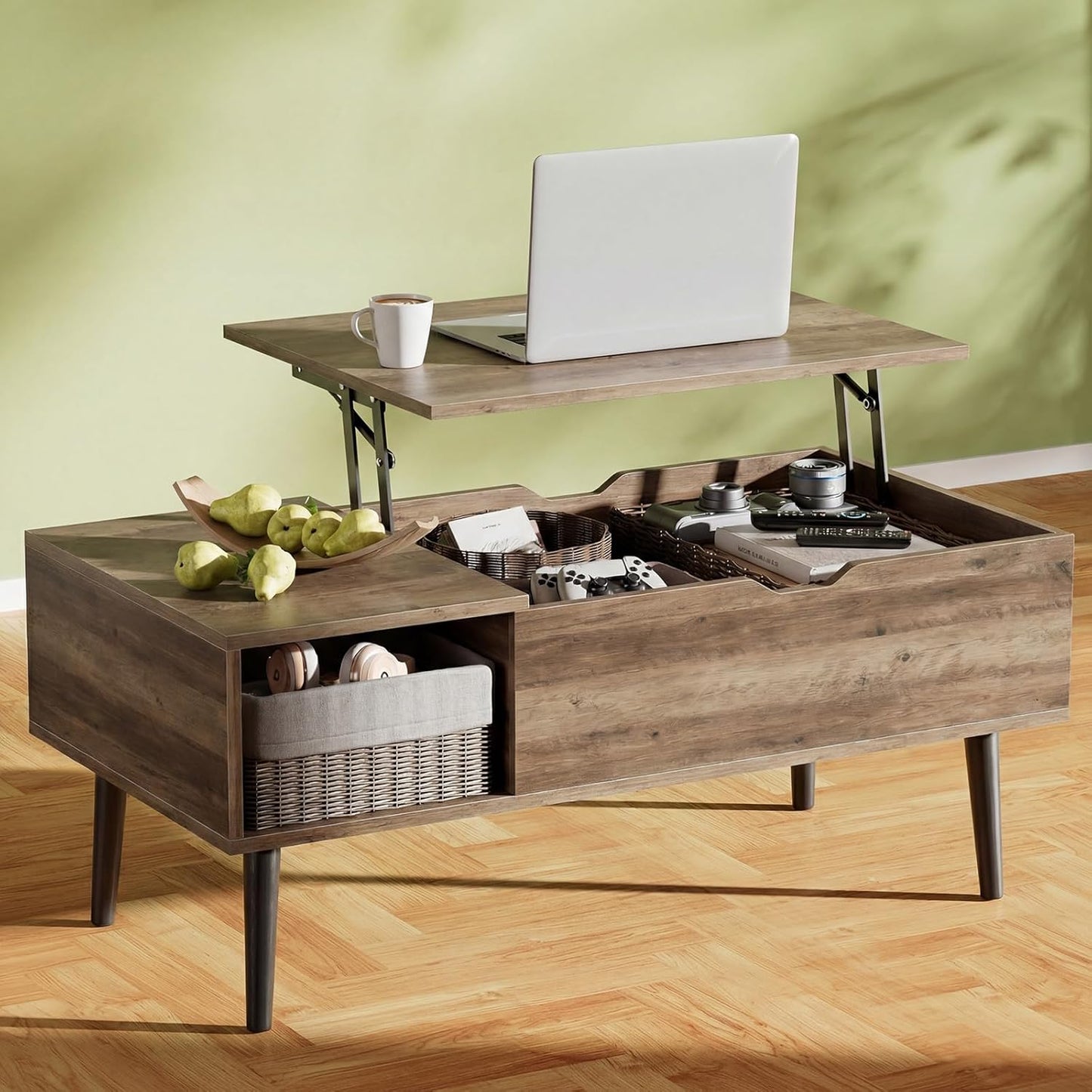 OLIXIS Wood Lift Top Coffee Table with Hidden Compartment and Large Storage Shelf, Lift Tabletop Dining Center Table for Home Living Room Office, Black — Grey / 39.4 In