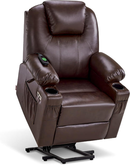 MCombo Electric Power Lift Recliner Chair Sofa with Massage and Heat for Elderly, 3 Positions, 2 Side Pockets, and Cup Holders, USB Ports, Faux Leather 7040 (Grey, Medium) — Small / Dark Brown
