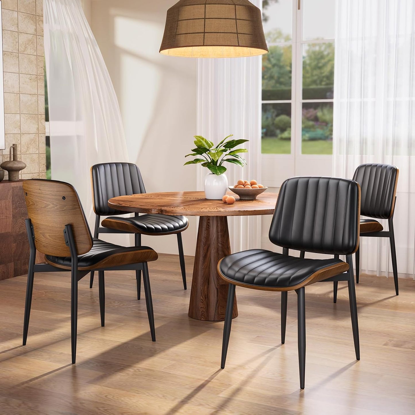 YaFiti Mid Century Dining Chairs Set of 4 with Walnut Bentwood, Greige | Ergonomic Walnut Backrest, Upholstered Waterproof PU Leather Seat, Stable Metal Legs, Adjustable Footpads, Apartment Friendly — Black Pinstripe / 4