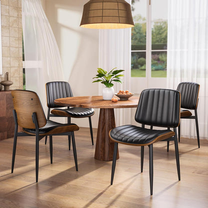 YaFiti Mid Century Dining Chairs Set of 4 with Walnut Bentwood, Greige | Ergonomic Walnut Backrest, Upholstered Waterproof PU Leather Seat, Stable Metal Legs, Adjustable Footpads, Apartment Friendly — Black Pinstripe / 4