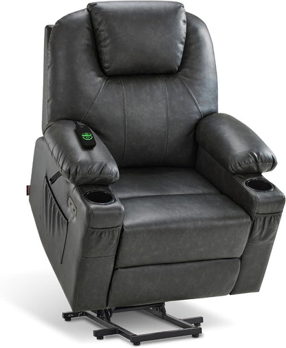 MCombo Electric Power Lift Recliner Chair Sofa with Massage and Heat for Elderly, 3 Positions, 2 Side Pockets, and Cup Holders, USB Ports, Faux Leather 7040 (Grey, Medium) — Large / Grey