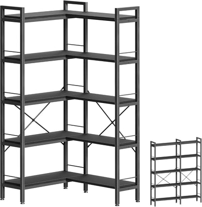 Huuger 5 Tier Bookshelf, L Shaped Corner Bookshelf with 10 Open Shelves, 49.4 Inch Straight Wide Bookcase with Metal Frame and Wooden Board, Adjustable Feet, Rustic Brown — 5 Tier / Black