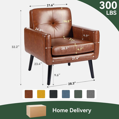 Vogue Furniture Direct Mid Century Accent Chair, PU Leather Modern Chair with Wooden Frame, Cozy Armchair Reading Chair with Comfy Back for Apartment, Living Room, Bedroom, Small Space, Corner, Brown — Brown / 1 (2)