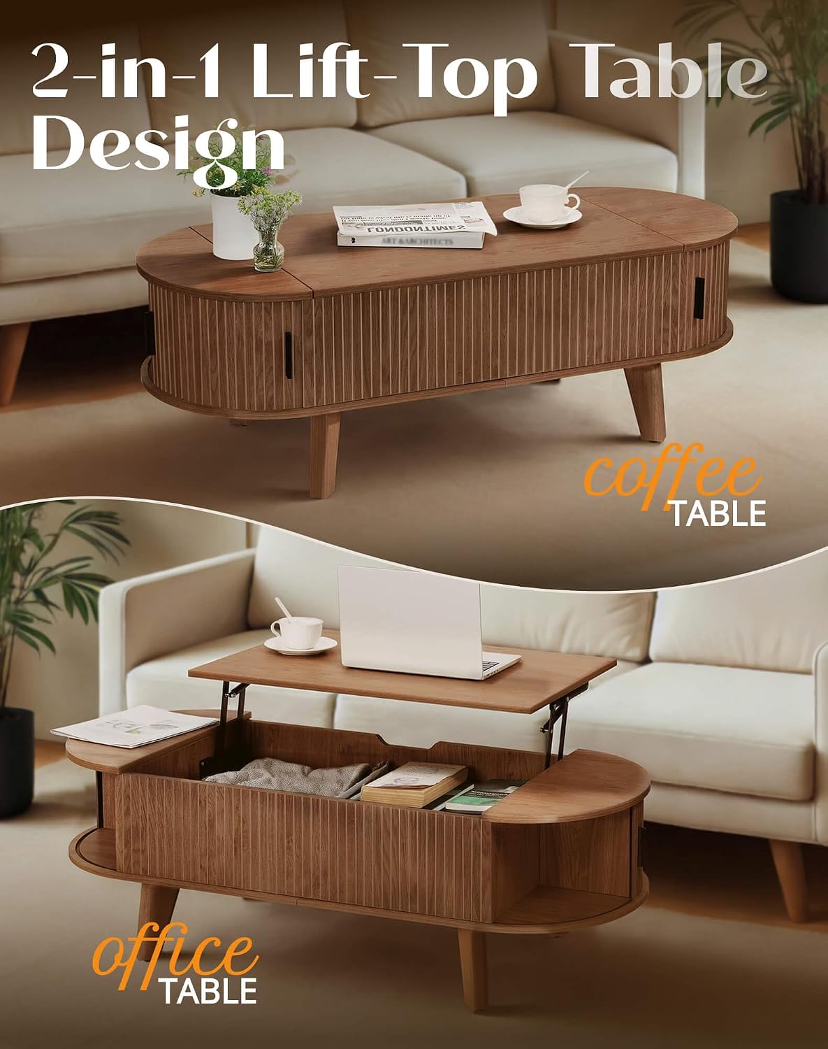 Oval Lift Top Coffee Table with Storage, 47.2" Mid Century Modern Living Room Center Table with 180° Sliding Tambour Door, Wood Fluted Coffee Table for Home Office, Walnut — Walnut / Oval (6)