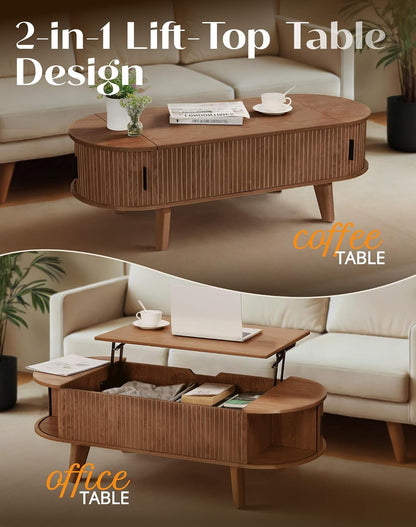 Oval Lift Top Coffee Table with Storage, 47.2" Mid Century Modern Living Room Center Table with 180° Sliding Tambour Door, Wood Fluted Coffee Table for Home Office, Walnut — Walnut / Oval (6)