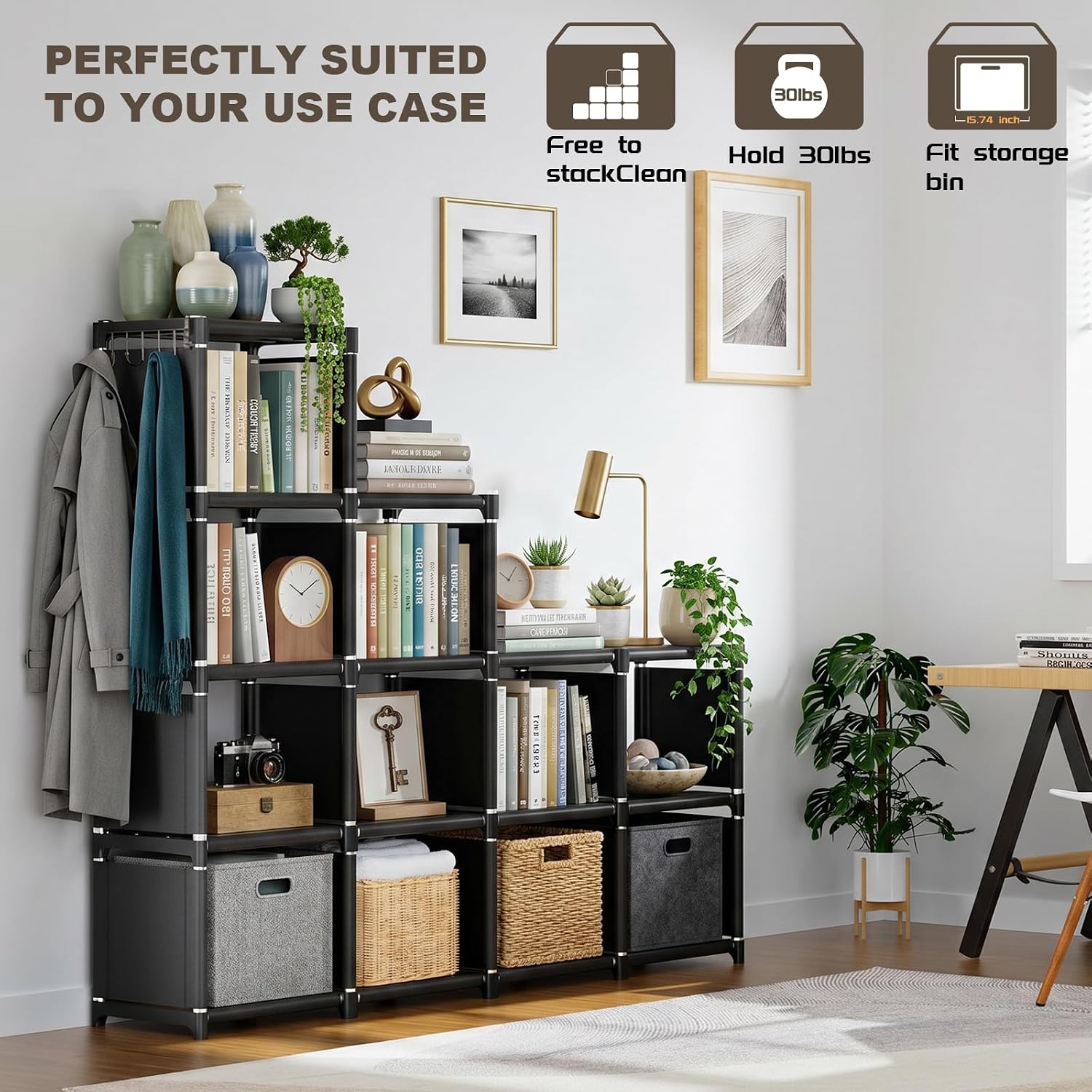 Mavivegue Book Shelf, 12 Cube Storage Organizer, DIY Bookcase, Metal Bookshelf,Tall Book case for Bedroom, Living Room,Office,Closet, Black Cubicle Rack — Black / 12-Grid (6)