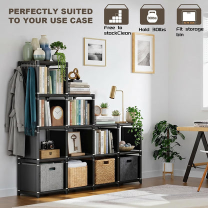 Mavivegue Book Shelf, 12 Cube Storage Organizer, DIY Bookcase, Metal Bookshelf,Tall Book case for Bedroom, Living Room,Office,Closet, Black Cubicle Rack — Black / 12-Grid (6)