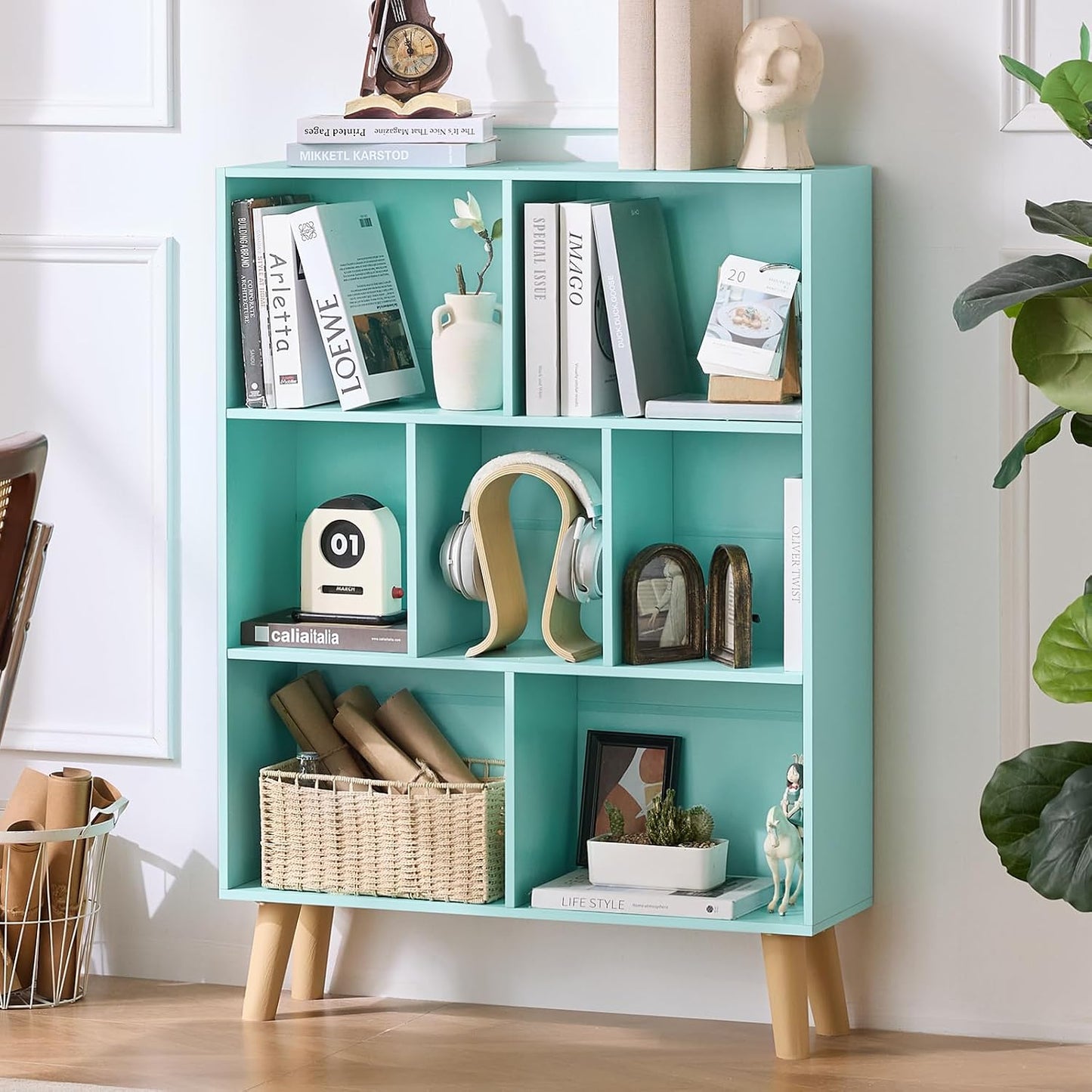 LEYAOYAO Cube Bookshelf 3 Tier Mid-Century Rustic Brown Modern Bookcase with Legs,Retro Wood Bookshelves Storage Organizer Shelf,Freestanding Open Book Shelves for Bedroom,Living Room,Office — Green / 7 Cube with Legs