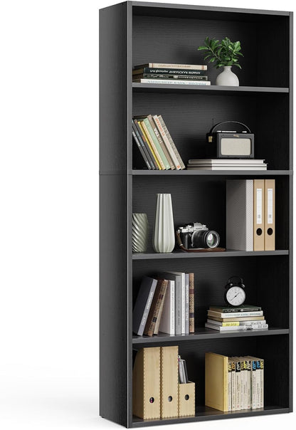 Sweetcrispy 5 Shelf Bookcase Open Display Bookshelf Storage Organizer | 53 Inches Tall Book Shelf Floor Standing Corner Unit, Living Room, Home Office, Kitchen, Bedroom, Rustic Brown Wood — Black / 5 Shelf