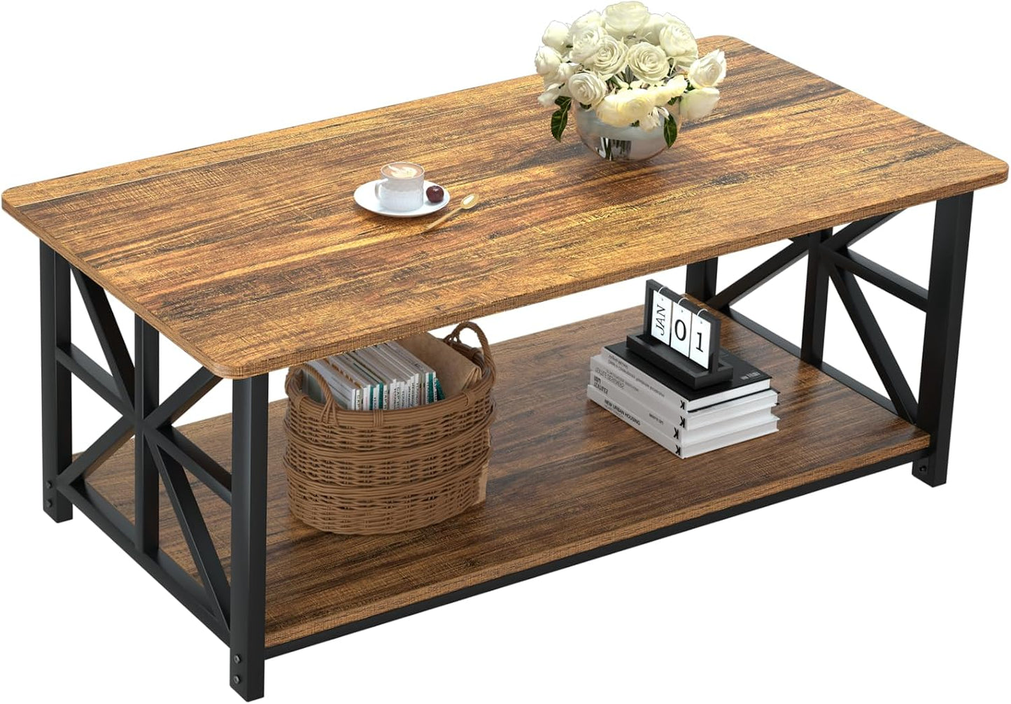 GreenForest Round Corners Coffee Table for Living Room | Rustic Style Center Table with Storage Shelf,39 Inch Space Saving Sofa Table,Easy Assembly,Gray Wash — Walnut / Rectangle
