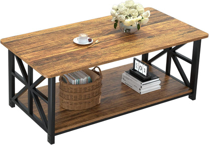 GreenForest Round Corners Coffee Table for Living Room | Rustic Style Center Table with Storage Shelf,39 Inch Space Saving Sofa Table,Easy Assembly,Gray Wash — Walnut / Rectangle