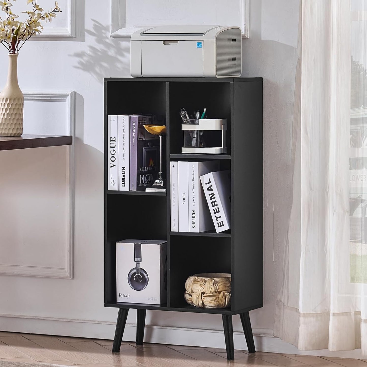 LEYAOYAO Cube Bookshelf 3 Tier Mid-Century Rustic Brown Modern Bookcase with Legs,Retro Wood Bookshelves Storage Organizer Shelf,Freestanding Open Book Shelves for Bedroom,Living Room,Office — Black / 5 Cube with Legs