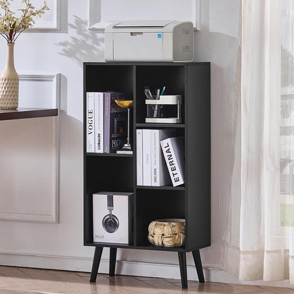 LEYAOYAO Cube Bookshelf 3 Tier Mid-Century Rustic Brown Modern Bookcase with Legs,Retro Wood Bookshelves Storage Organizer Shelf,Freestanding Open Book Shelves for Bedroom,Living Room,Office — Black / 5 Cube with Legs