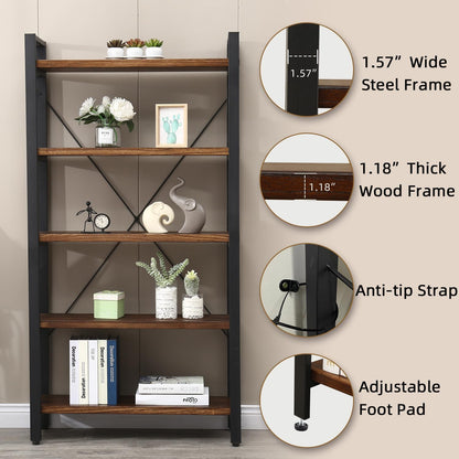 WH-AOERPUMY 5 Tier Bookcase, Solid Wood Bookshelf Rustic Vintage Industrial Etagere Bookcase, Metal and Wood Free Vintage Bookshelf, Retro Brown (5-Tiers) — 5-Tiers-Solid Wood (4)