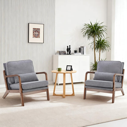 DUMOS Mid Century Modern Accent Chair, Armchair with Lumbar Pillow and Waist Cushion, Solid Wood Frame Lounge Chair for Living Room, Bedroom, Reading Nook, Small Apartment Corner, Ivory White — Light Grey / 1 Pack