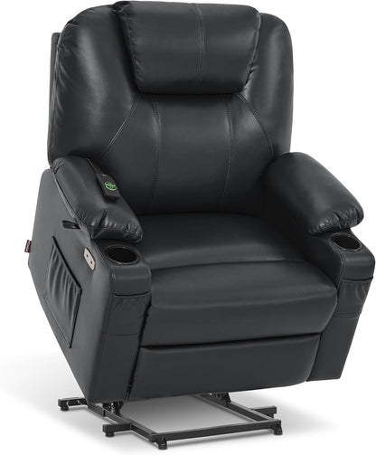 MCombo Electric Power Lift Recliner Chair Sofa with Massage and Heat for Elderly, 3 Positions, 2 Side Pockets, and Cup Holders, USB Ports, Faux Leather 7040 (Grey, Medium) — Medium-Wide / Black