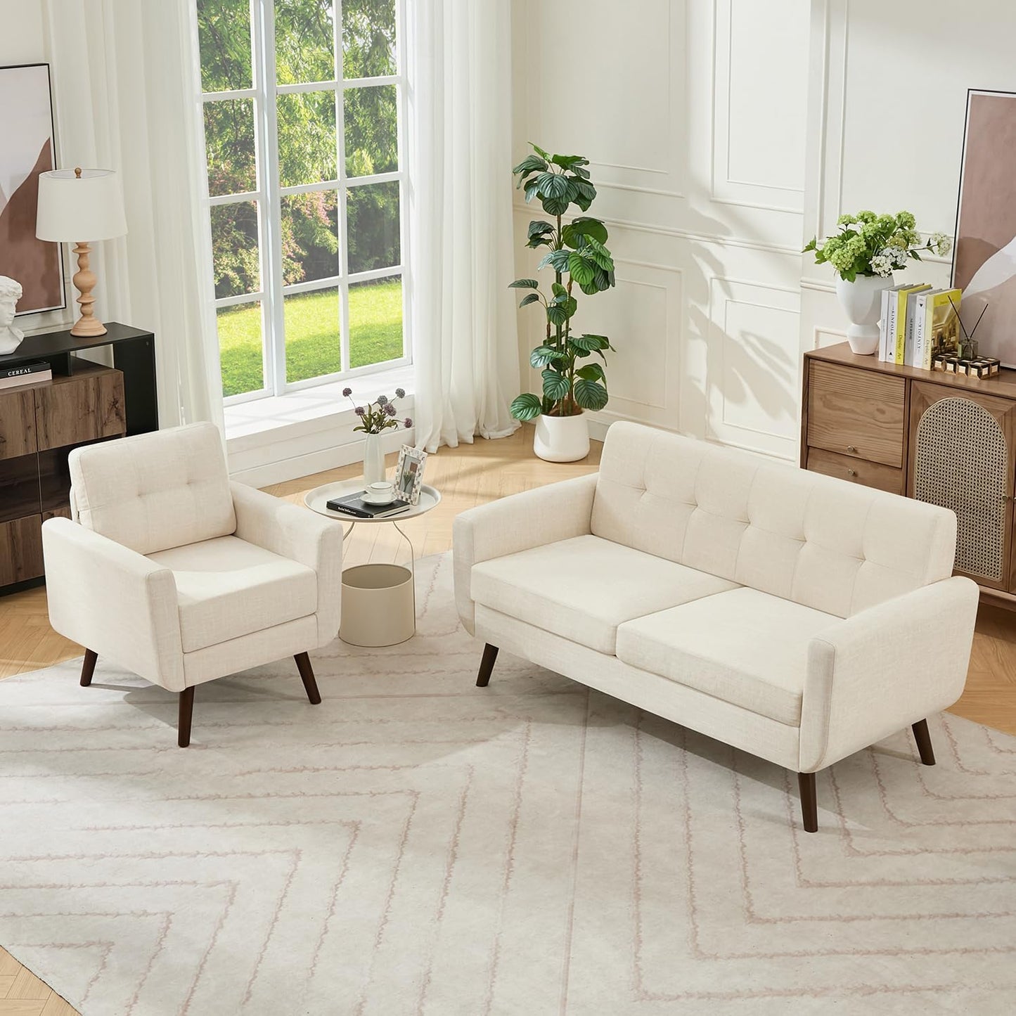 Tbfit Linen Fabric Single Sofa, Accent Chair, Mid Century Modern Armchair for Living Room, Bedroom Button Tufted Upholstered Comfy Reading Sofas, Beige