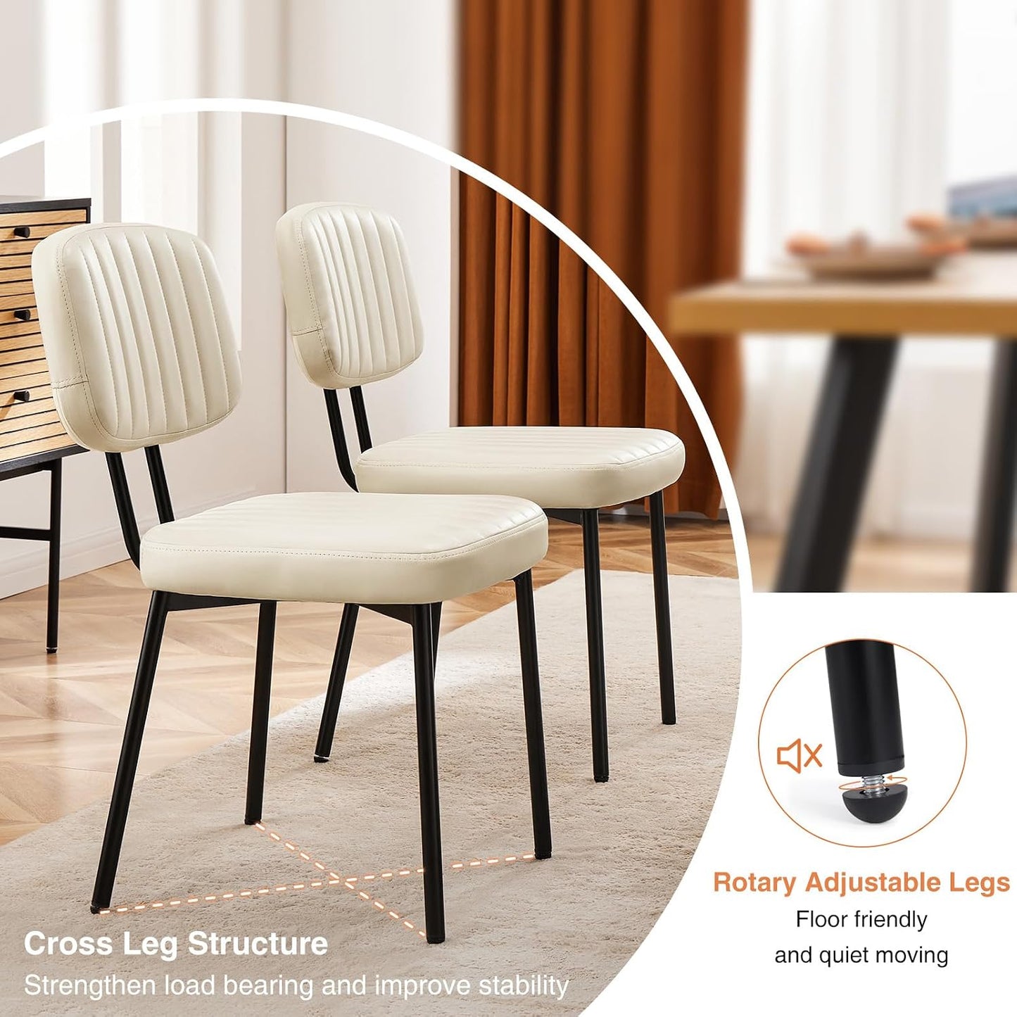 Sweetcrispy Dining Chairs Set of 2, Upholstered Mid Century Modern Kitchen Accent Chairs with Faux Leather Cushion Seat & Metal Legs for Home Office, Living Room-Beige White — Beige White / Set of 2 (5)