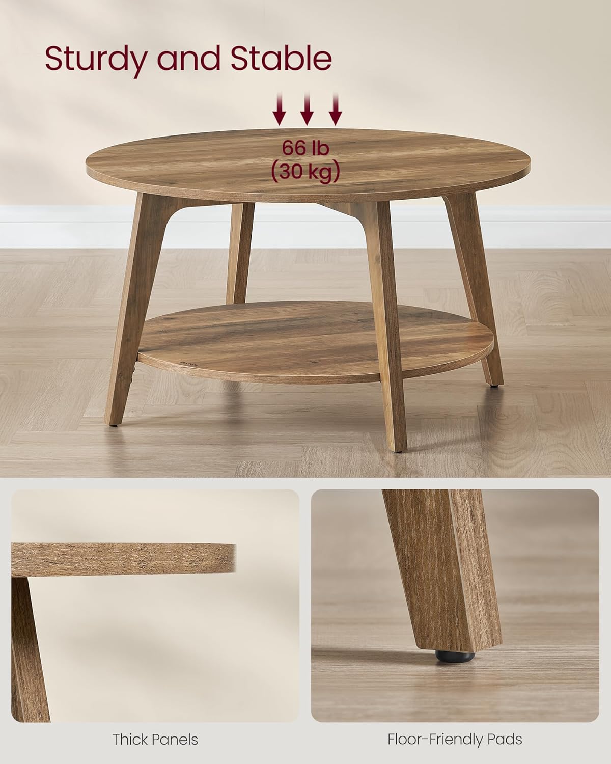 VASAGLE MAEZO Collection - Round Coffee Table, 2-Tier Center Table with Storage, Tapered Legs, Curved Transitions, 31.5 Dia. x 17.7 H Inches, Easy Assembly, for Living Room, Honey Brown ULCT243K41 — Honey Brown (7)