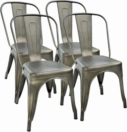 FDW | Metal Dining Chairs | Set of 4 | Black | Stackable Tolix Side Chairs with Backrest | Scratch-Resistant | Non-Slip Feet | Indoor/Outdoor Use | 330 lbs Capacity | for Kitchen & Restaurant — Bronze / Steel Seat