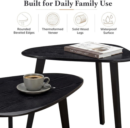 Nesting Coffee Table Set of 2-Mid Century Modern Coffee Table | Guitar Pick Stacking Tables with Solid Wood Legs,Small Coffee Tables for Small spaces,Living Room,Balcony — Black (4)